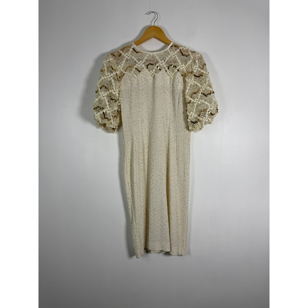 Vintage Classics by Leslie Fay Women 8P Cocktail Dress Cream Gold Sequin Lace